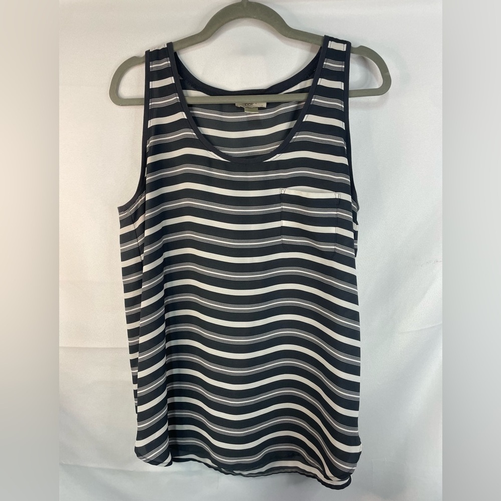 LOFT sheer gray and white strip blouse. So cute with a pocket and long length.